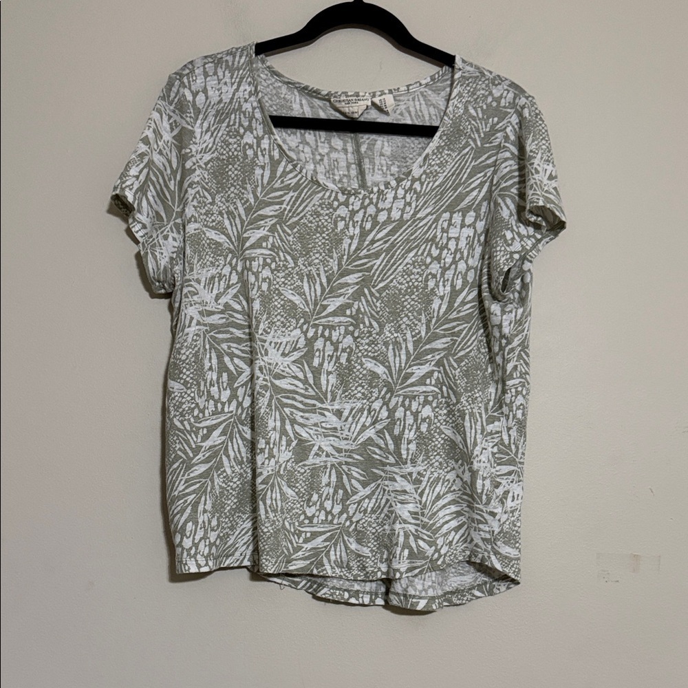 Christian Siriano Olive Leaf Print Short Sleeve Top blouse linen women 1X boho